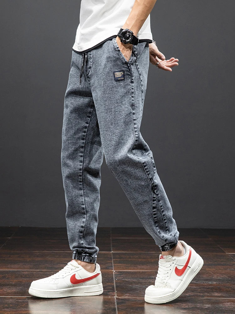 Mens Denim Cargo Jogger Pants, Baggy Harem Style, Drawstring Waist Plus Size