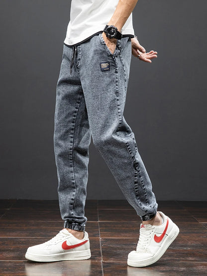 Mens Denim Cargo Jogger Pants, Baggy Harem Style, Drawstring Waist Plus Size