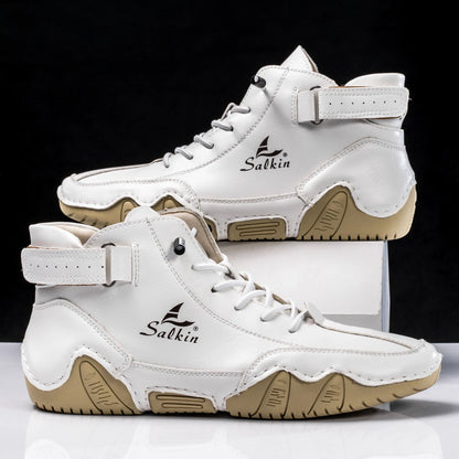 Men's Outdoor Leather Boots Lace Up Ankle Boots White Breathable