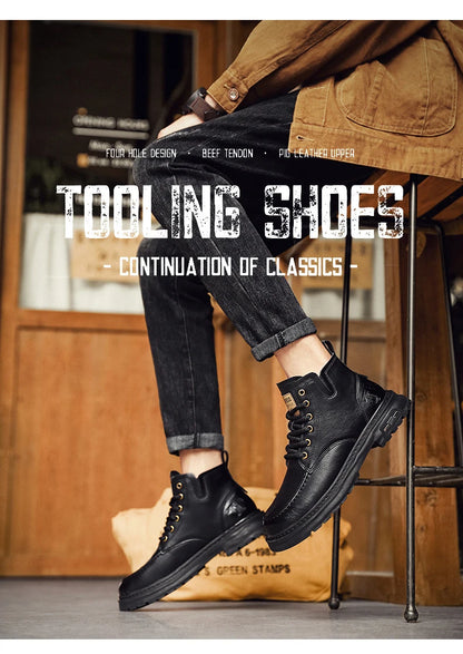 Brown Leather Mens Ankle Boots Lace Up Platform Outdoor