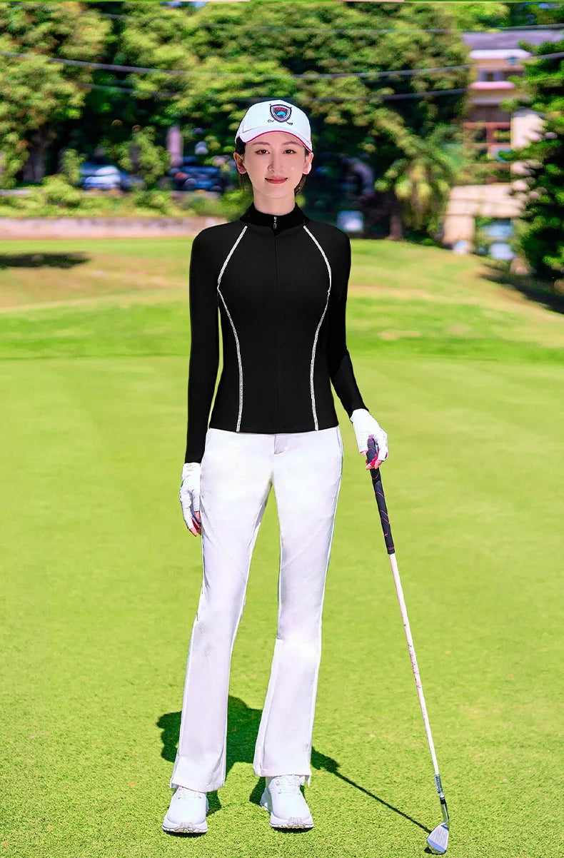 TTYGJ Slim Long Sleeve Golf Base Shirt Women Zipper Neck Warm Velvet Tops Autumn Winter Windproof Thicken Leisure Golf Blouse