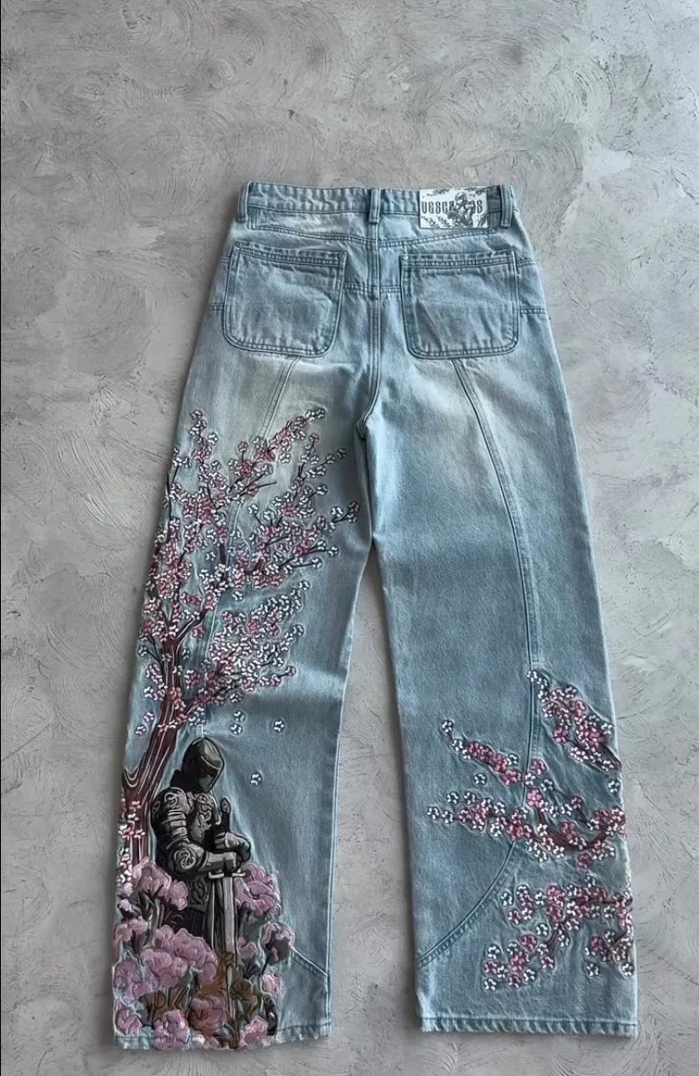 Men Women Cherry Blossom Knight All Embroidery Denim Pants Y2k Vintage Baggy Street Straight Jeans High Waisted Washed Blue Jean