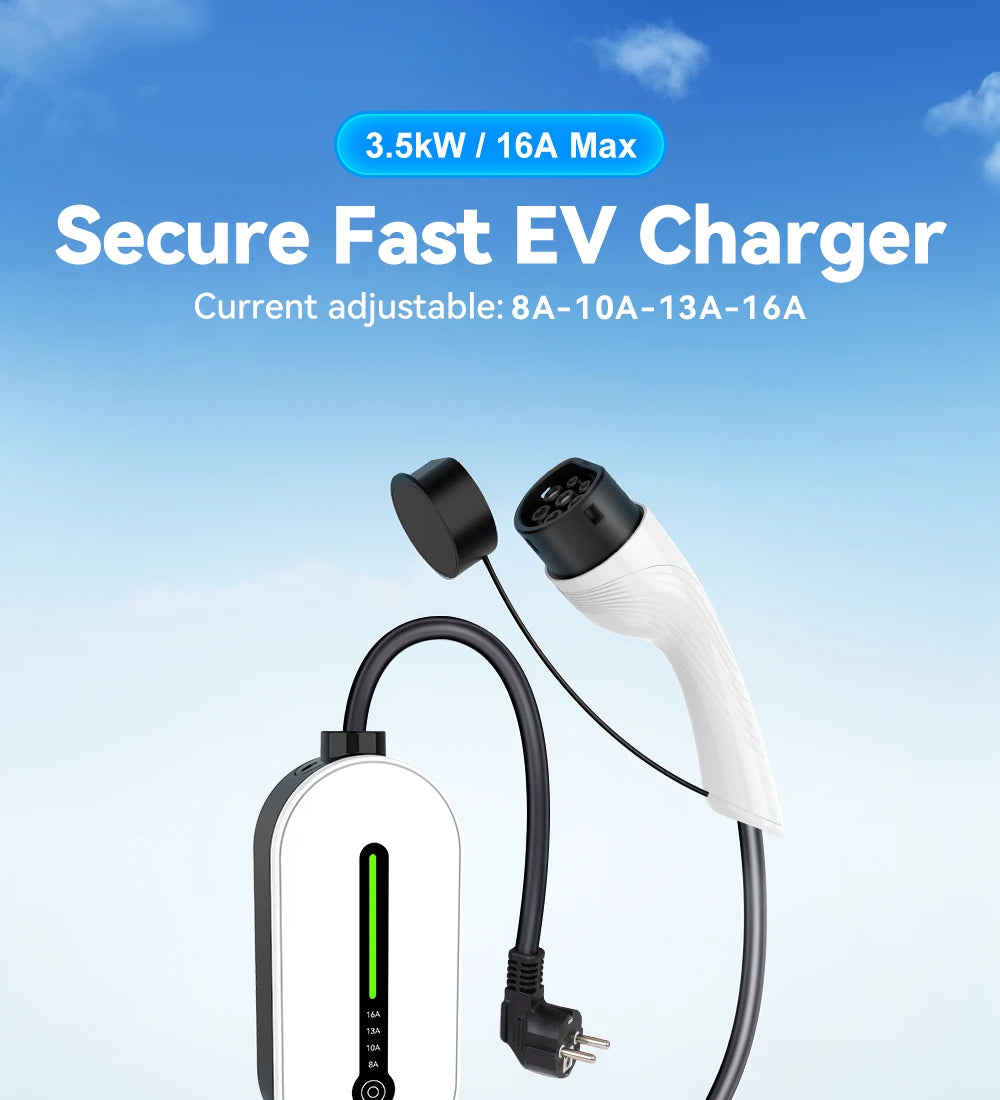 Electric Vehicle Portable Charger 16A 1-Phase 3.5KW Type 2 Plug 3.5m Cable