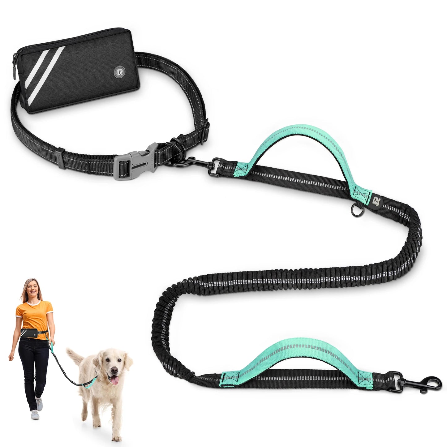 Hands Free Dog Leash with Zipper Pouch, Dual Padded Handles and Durable Bungee for Walking, Jogging and Running Your Dog