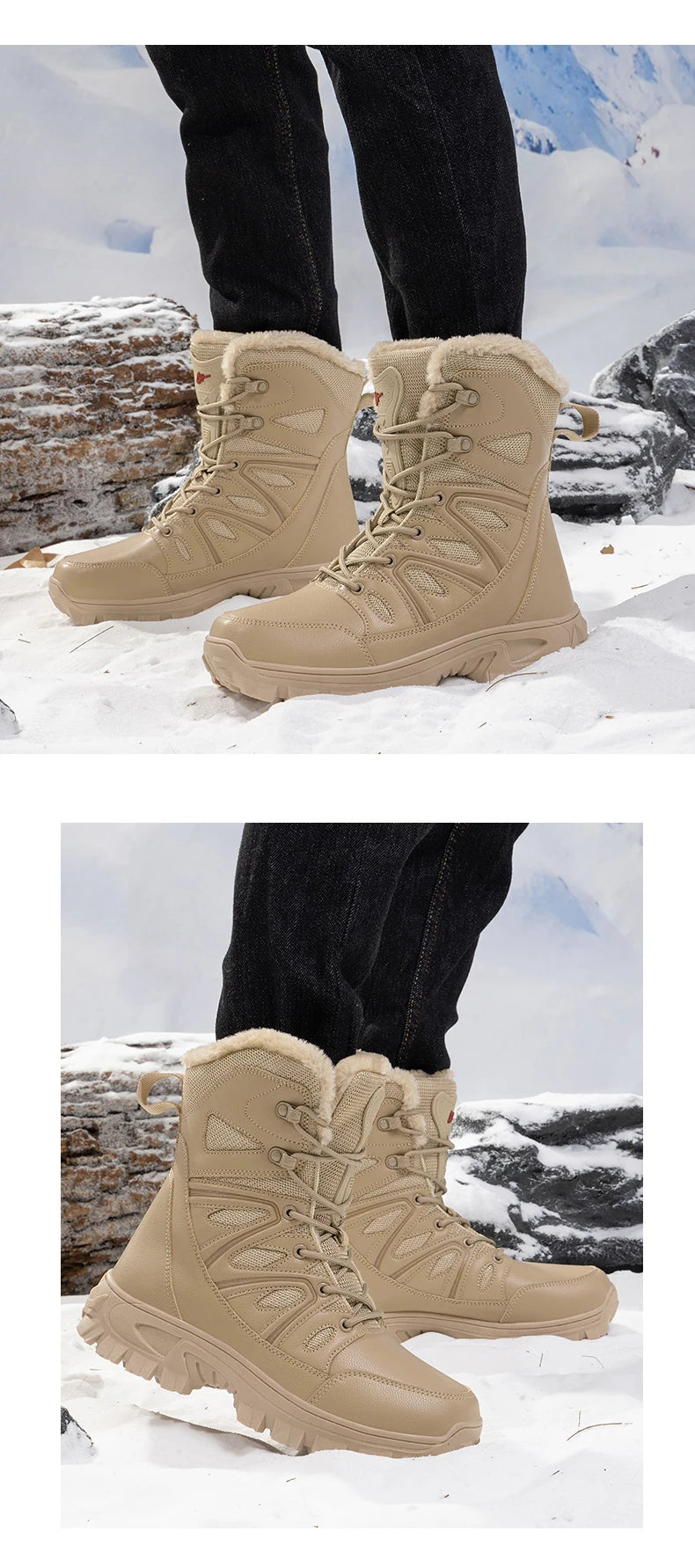 Men's Waterproof Leather Snow Boots Mid-Calf Lace-Up With Plush Lining
