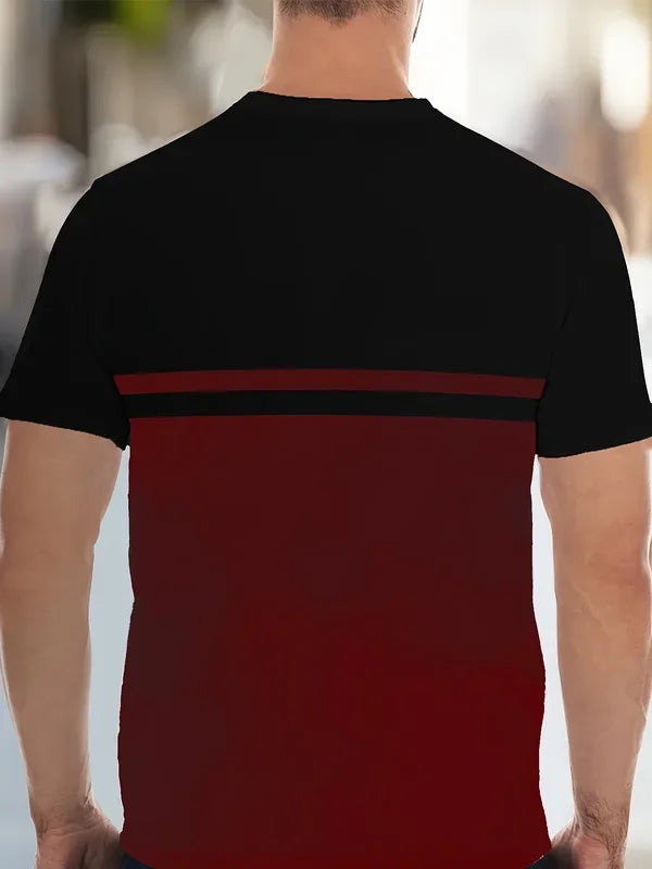 New 3D round-neck men's T-shirt, made of casual polyester knitted fabric, elastic and light, regular fit, striped pattern