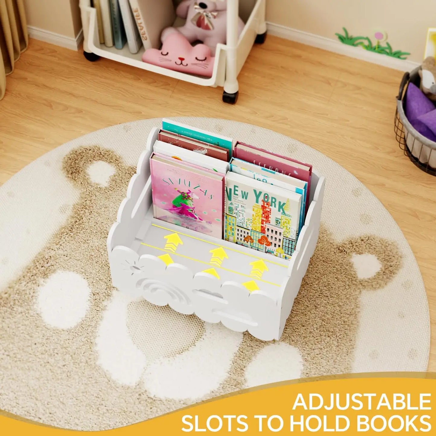 Kids Wooden Bookshelf with Adjustable Dividers, Montessori Style for Room & Classroom Storage