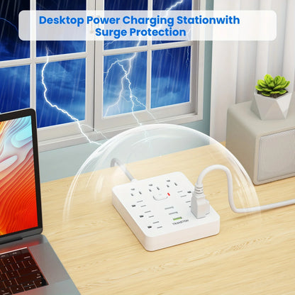Power Strip With Surge Protector, 3 USB Ports, 5ft Cord, White