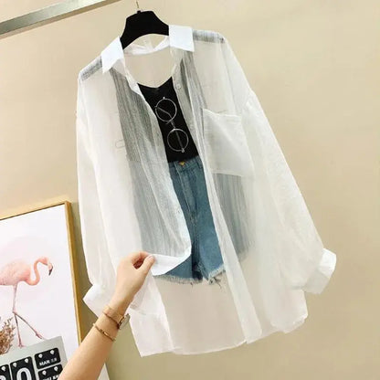 Chiffon See-Through Loose-Fit Long Blouse For Women