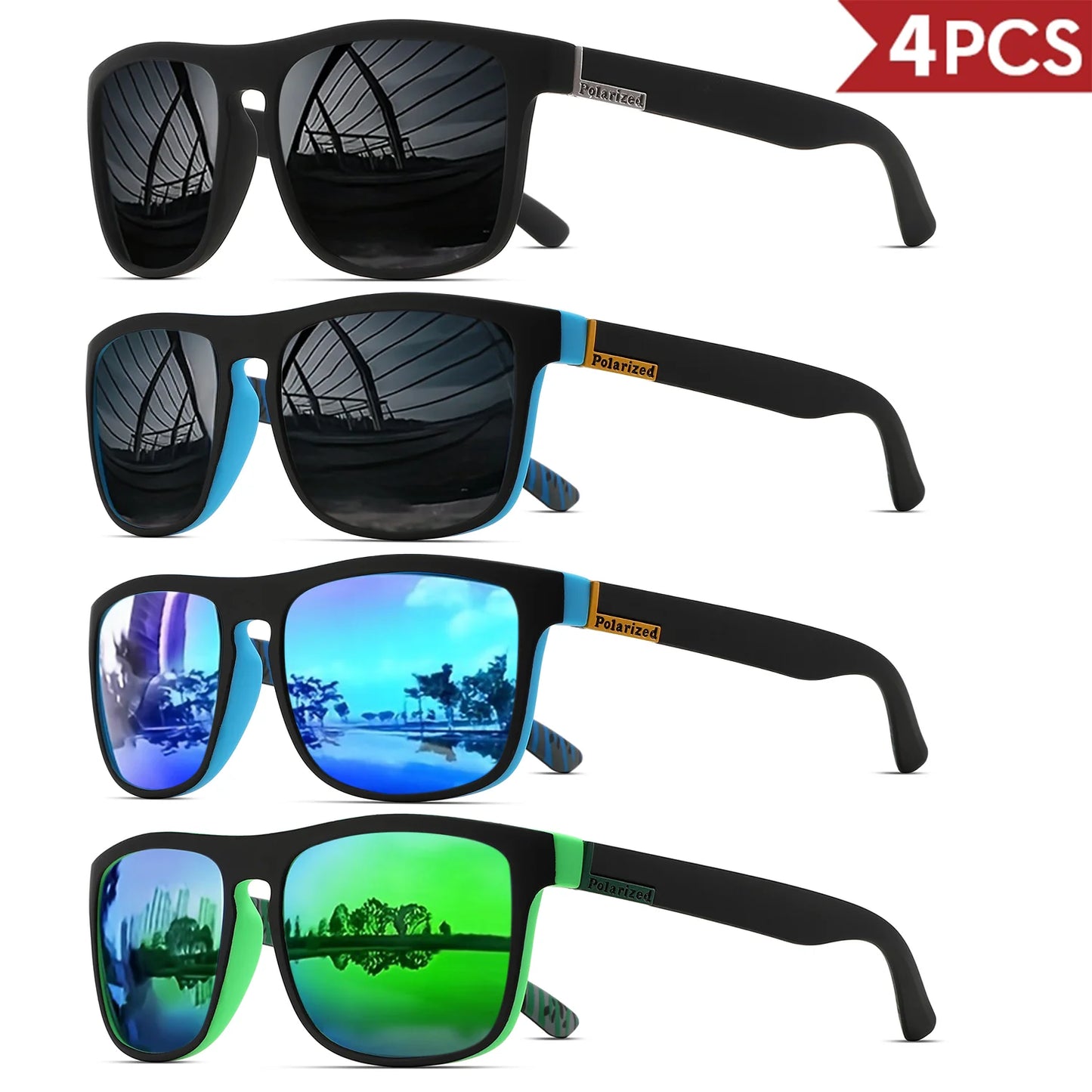 4PCSClassic Square Polarized Sports Sunglasses Lightweight PC Frame UV400 for Driving Fishing Cycling Unisex Everyday Durability