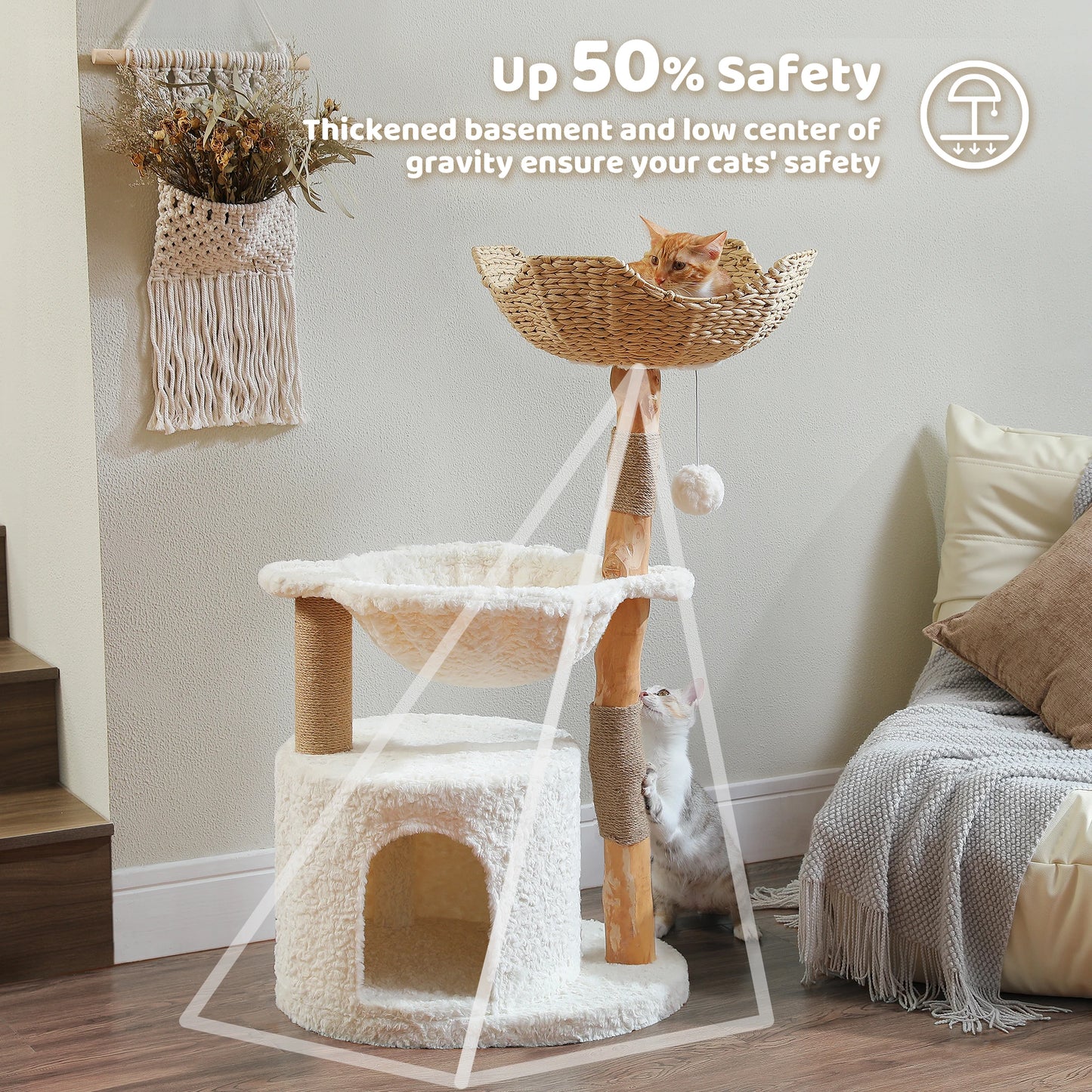 Solid Wood Cat Tree Modern Cat Tower with Spacious Cat Condo,Flower Perches,Fun Pompom,Double Comfort Perfect for Indoor Kittes
