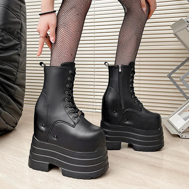 Height Increasing Women's High Boots Black Leather Thick Bottom Platform Shoes Side Zip Gothic Punk Short Boots Street Style
