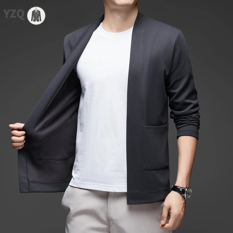 New Men's Business Casual Long Sleeved Solid Color Cloak Jacket Knitted Comfortable and Fashionable All Season Versatile Top