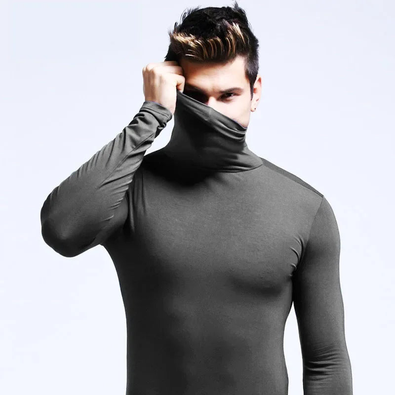 New Men Fashion T Shirt Tees Slim Tops Male Stretch T-shirt Turtleneck Long Sleeve Tee Shirts High Collar Men's Tees