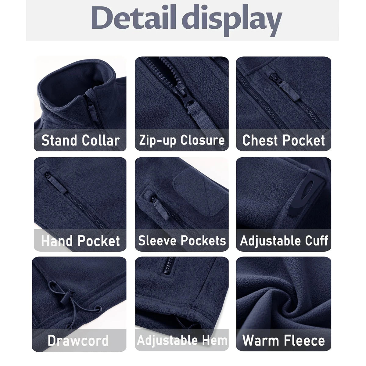 TACVASEN Men's Fleece Jacket Soft Warmth Windproof Full Zip Up Coat Multiple Zipper Pockets Hiking Working Outdoors Windbreaker