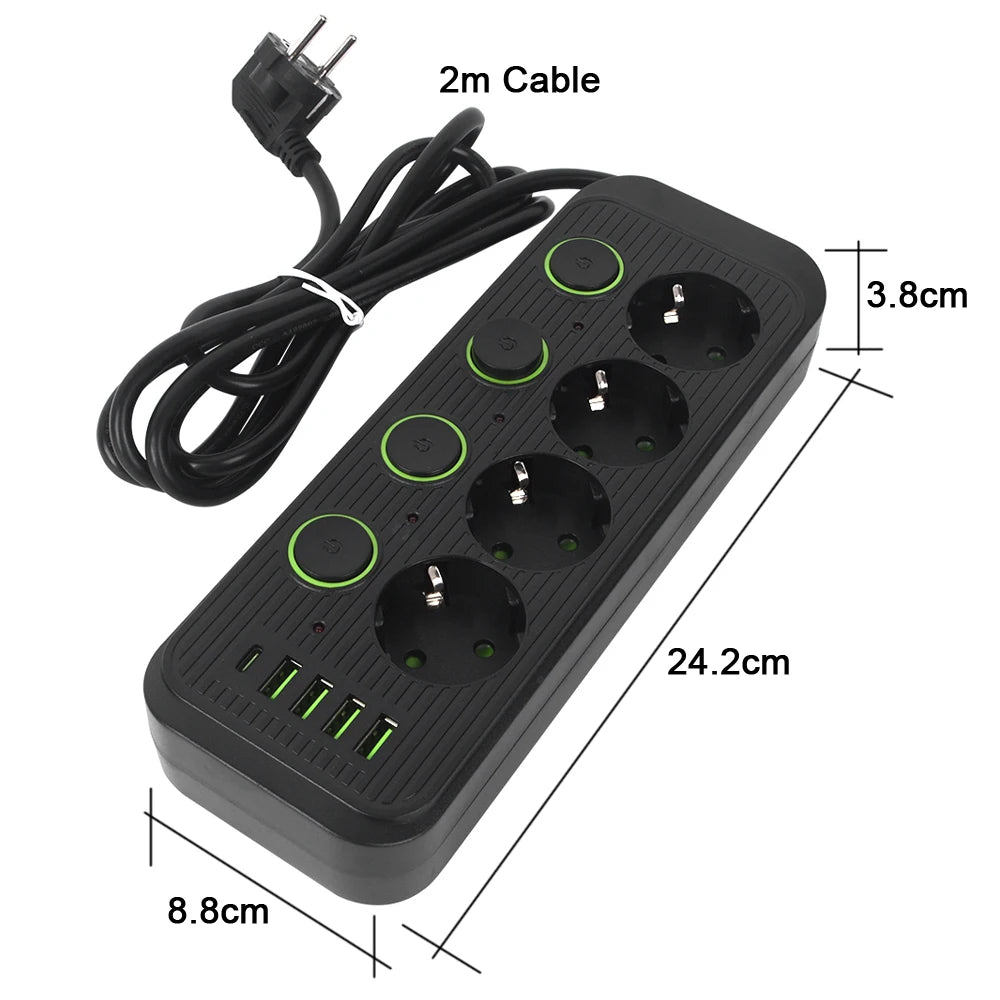 EU Plug Power Strip With USB Ports 2m Extension Cable Surge Protector