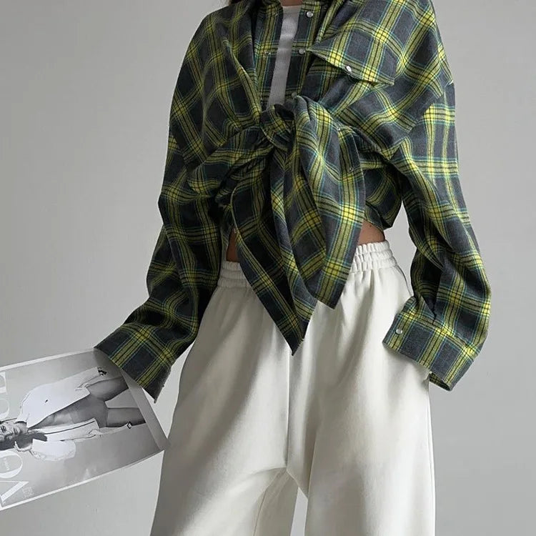 Oversized Plaid Shirt For Women Long Sleeve Button-Down Korean Style