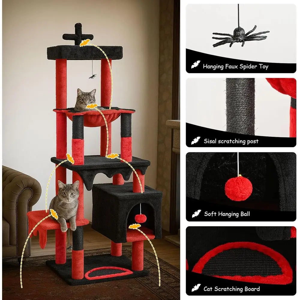 Halloween-Themed 66 Tall Gothic Cat Tree with Bed, Hammock, Toys, and Scratching Posts in Black and Red