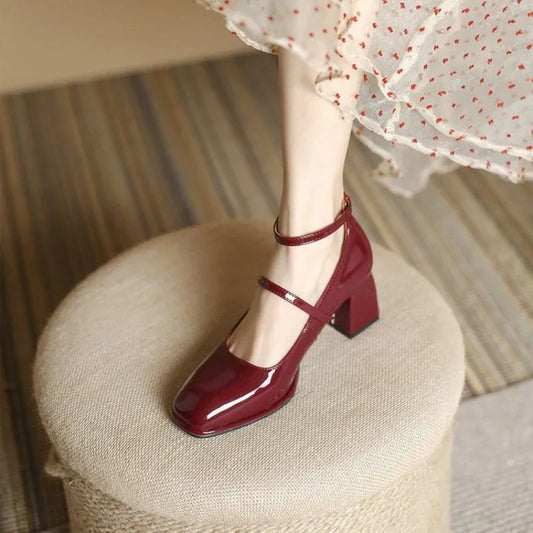 Leather Mary Jane Pumps Buckle Strap Shallow Square Toe High Heel Women