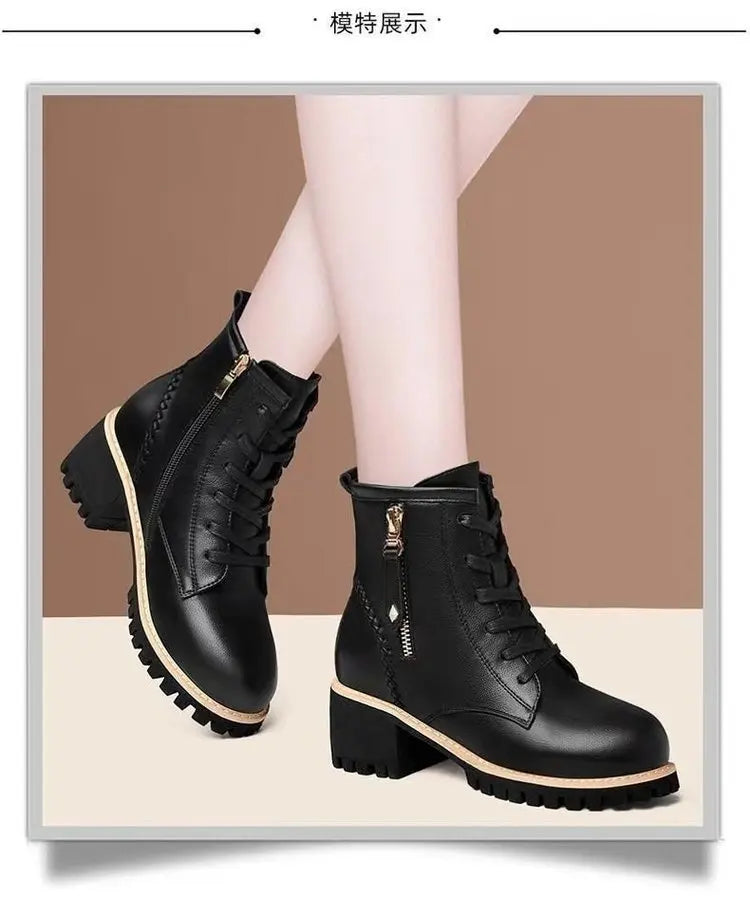 Women's Chunky Sole Ankle Boots     Lace-Up & Side-Zip Combat Boots Winter Fleece-Lined Booties Versatile Leather Boots Platfo