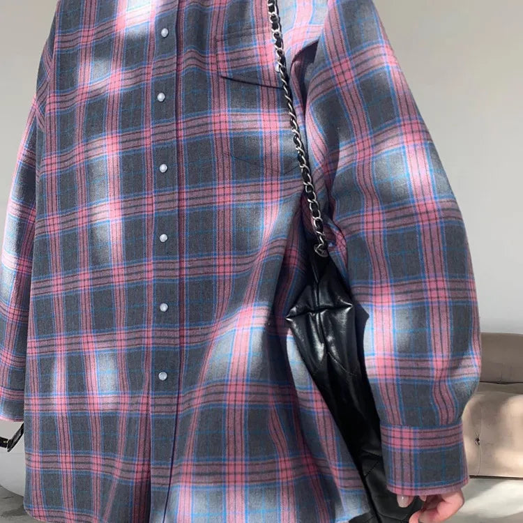 Oversized Plaid Shirt For Women Long Sleeve Button-Down Korean Style