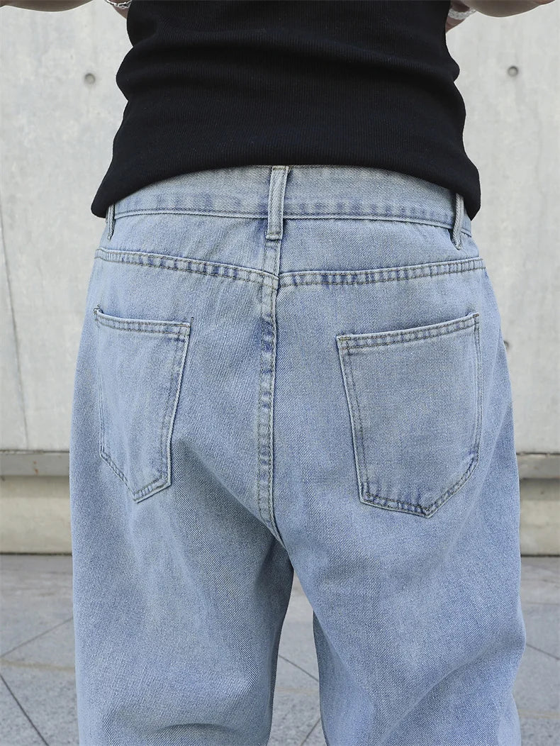 Men's Baggy Denim Jeans Loose Straight Wide Leg Trousers Solid Color