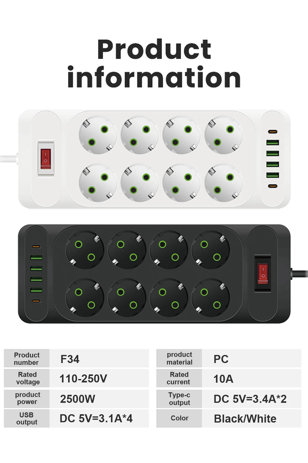 EU Plug 3-Outlet Power Strip With USB Surge Protector 2m Extension Cord Plastic