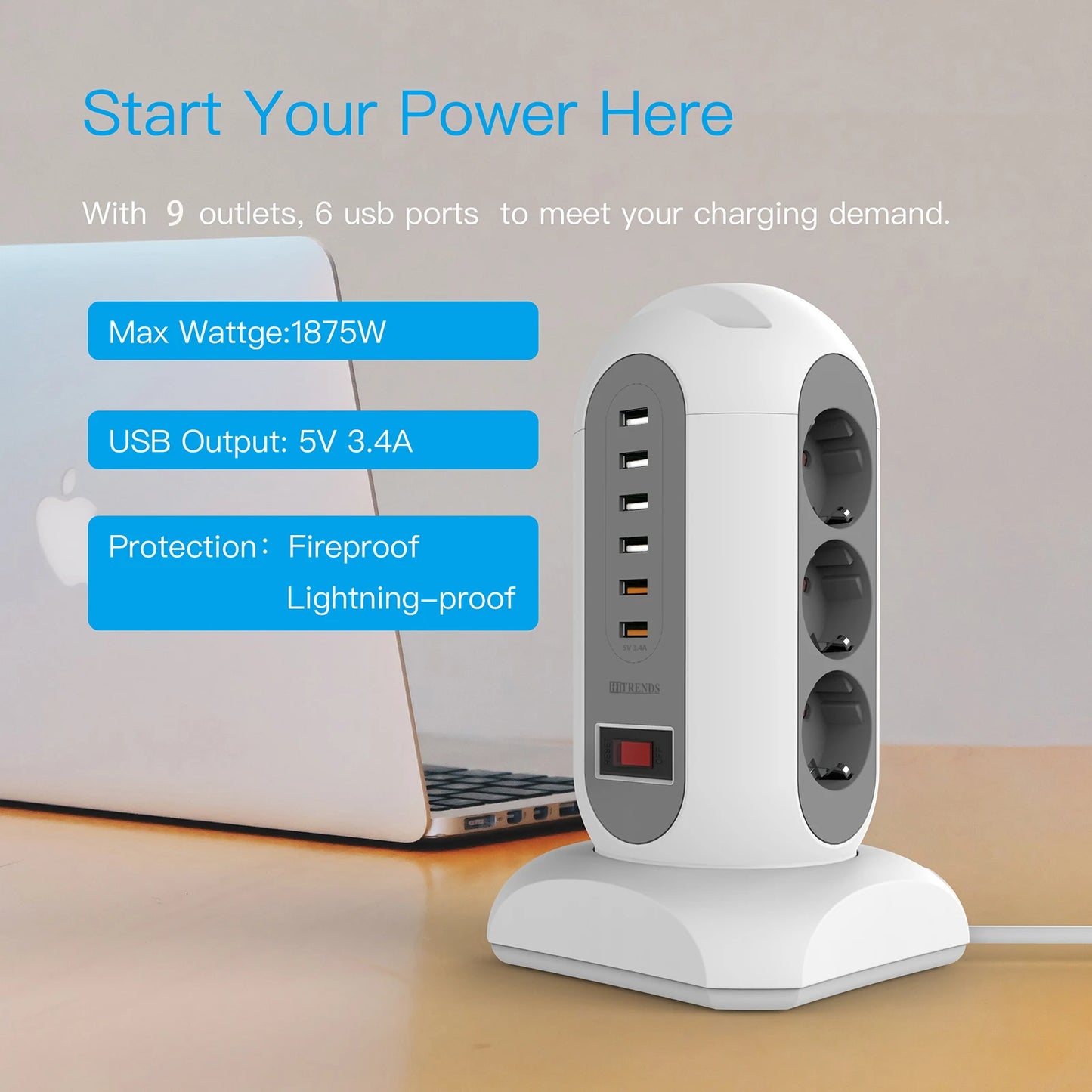 9 way Multiple Socket Power Strip with 6 USB Vertical EU Outlets Tower Socket with 1.8M Extension Cord Surge Protection for home