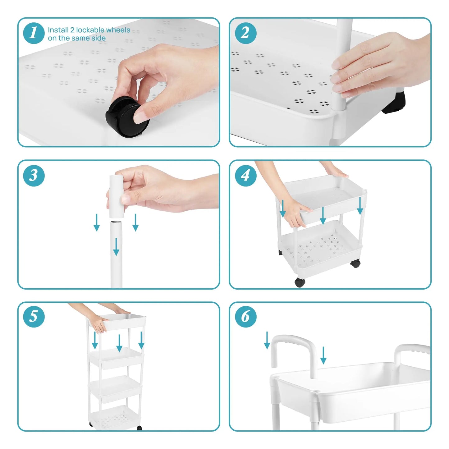 Plastic Rolling Utility Cart with Handle Storage Trolley for Office, Living Room, Kitchen, Movable Storage Organizer with Wheel