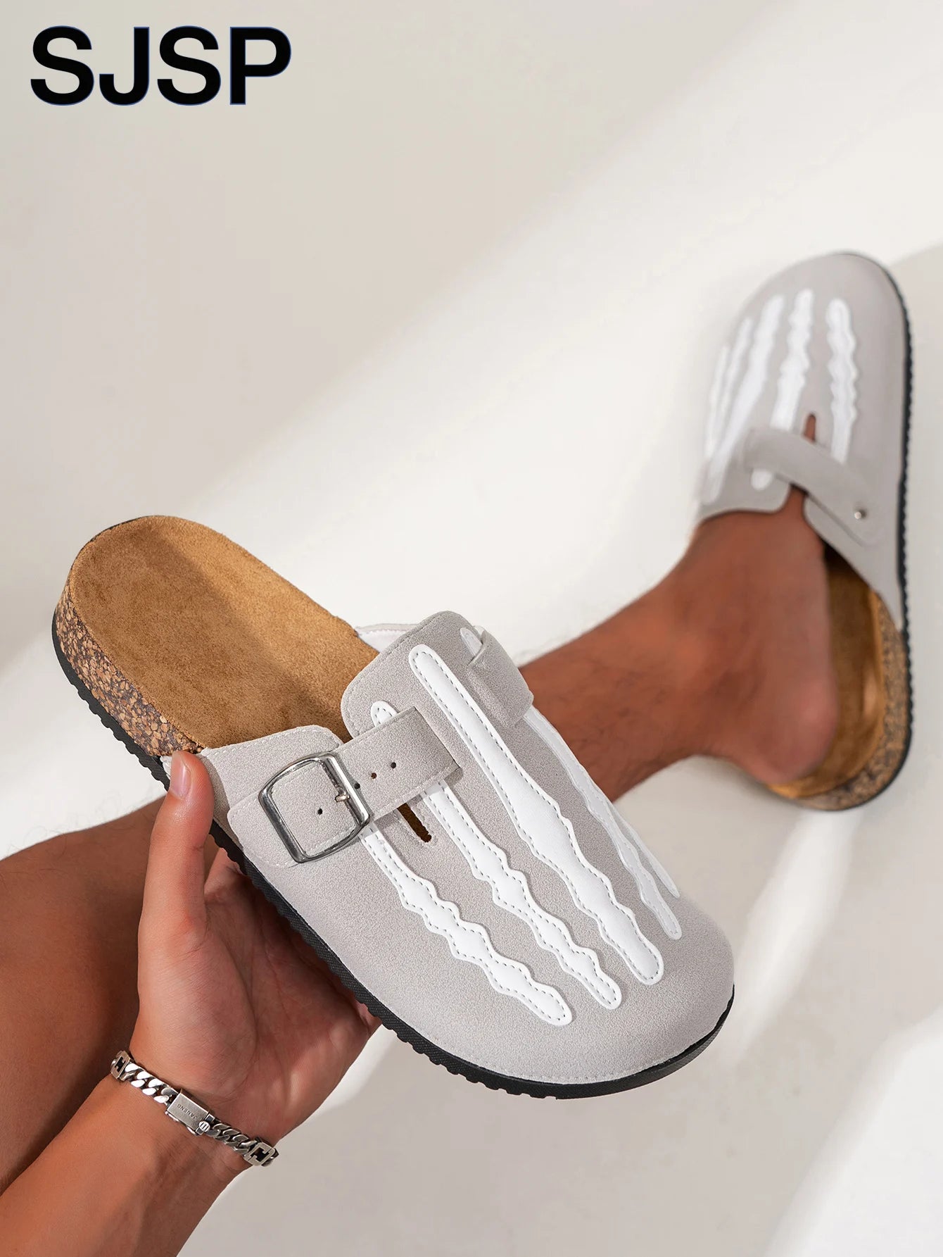 Skeleton Print Slip On Sandals With Buckle Strap Closed Toe For Men