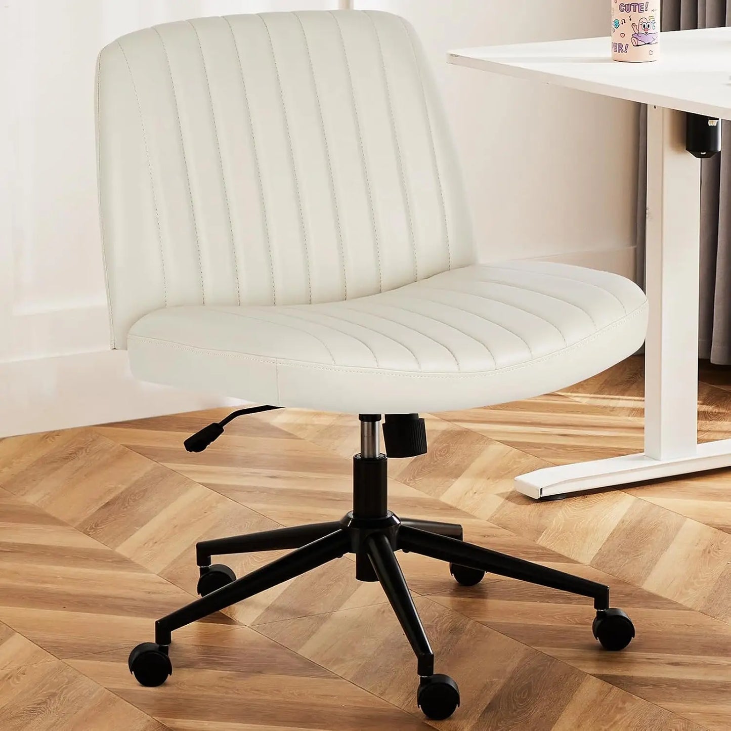 Criss Cross Legged Office Chair, Armless Wide Seat No Wheels, Modern Home Desk Height Adjustable Swivel