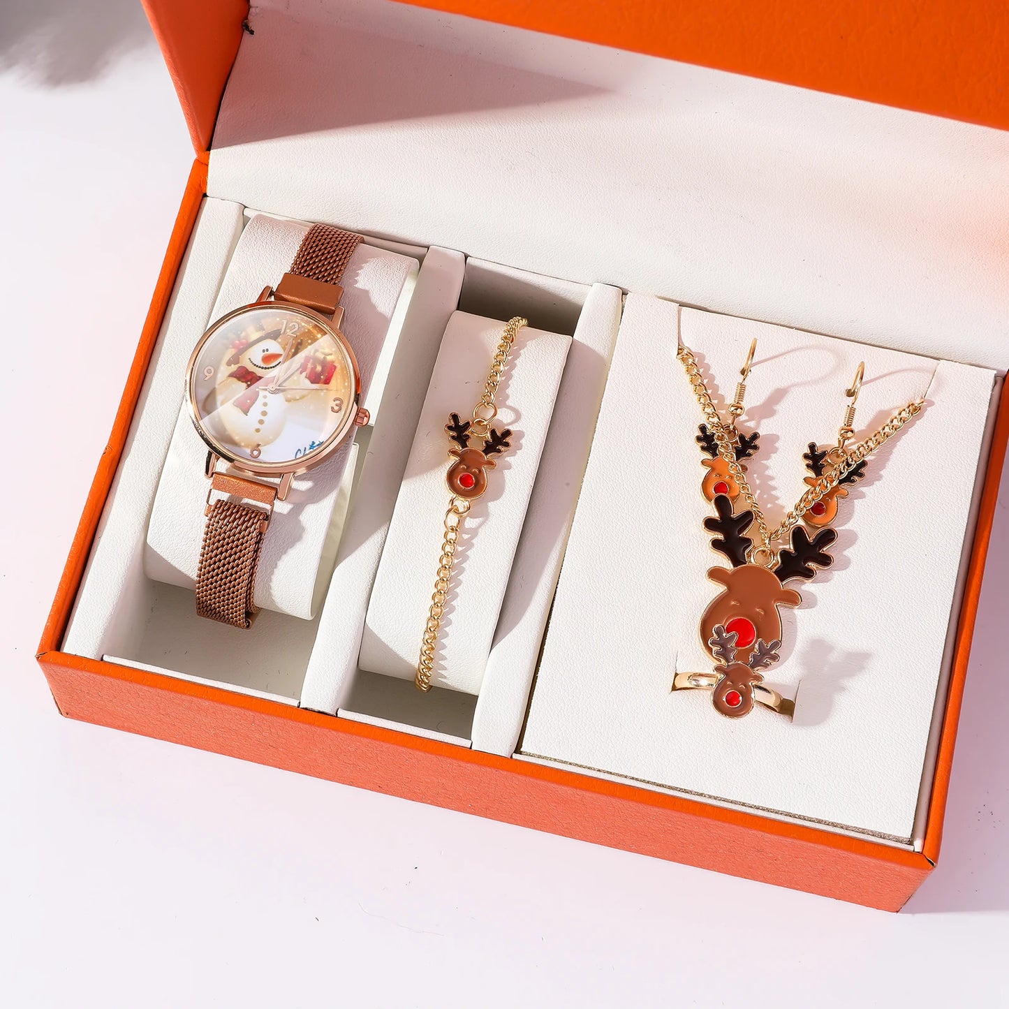 Festive Quartz Watch Accessory Set – Snowman & Reindeer Pattern