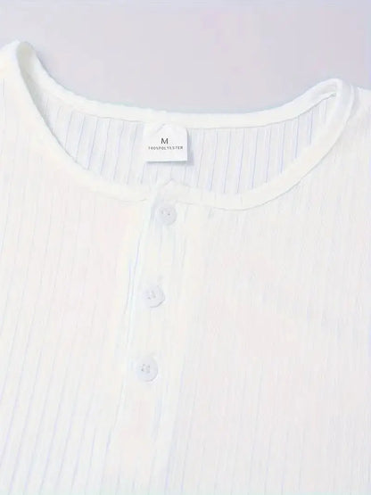 Men's Collarless Button-Front Knit Shirt Plus Size Long Sleeve Elastane