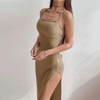 Womens Black Sleeveless Bodycon Dress Halter Neck Spaghetti Strap High Split