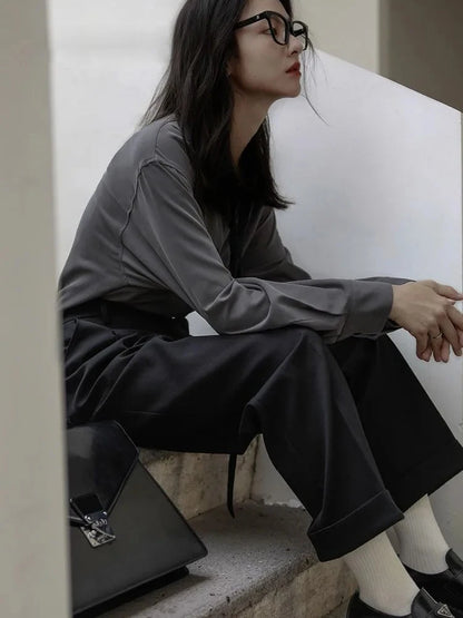 Women Oversize Long Sleeve Button Up Broadcloth Shirt Korean Style