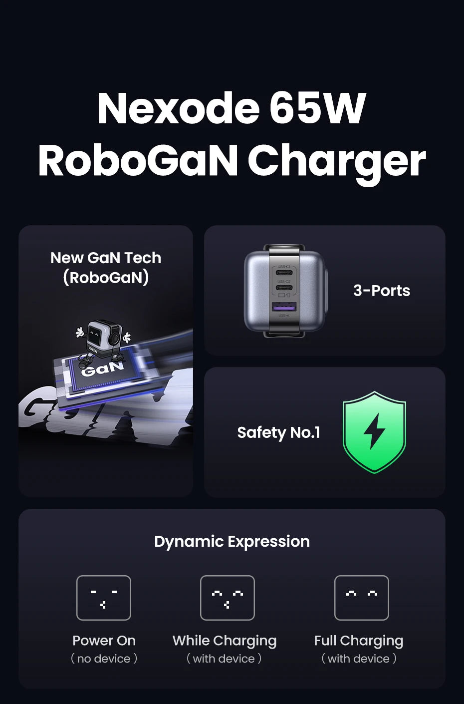 【US Plug】UGREEN 65W 30W GaN Charger Robot Design PD3.0 Fast Charger QC4.0 3.0 PPS for iPhone 17 16 15 Pro Macbook Laptop Table