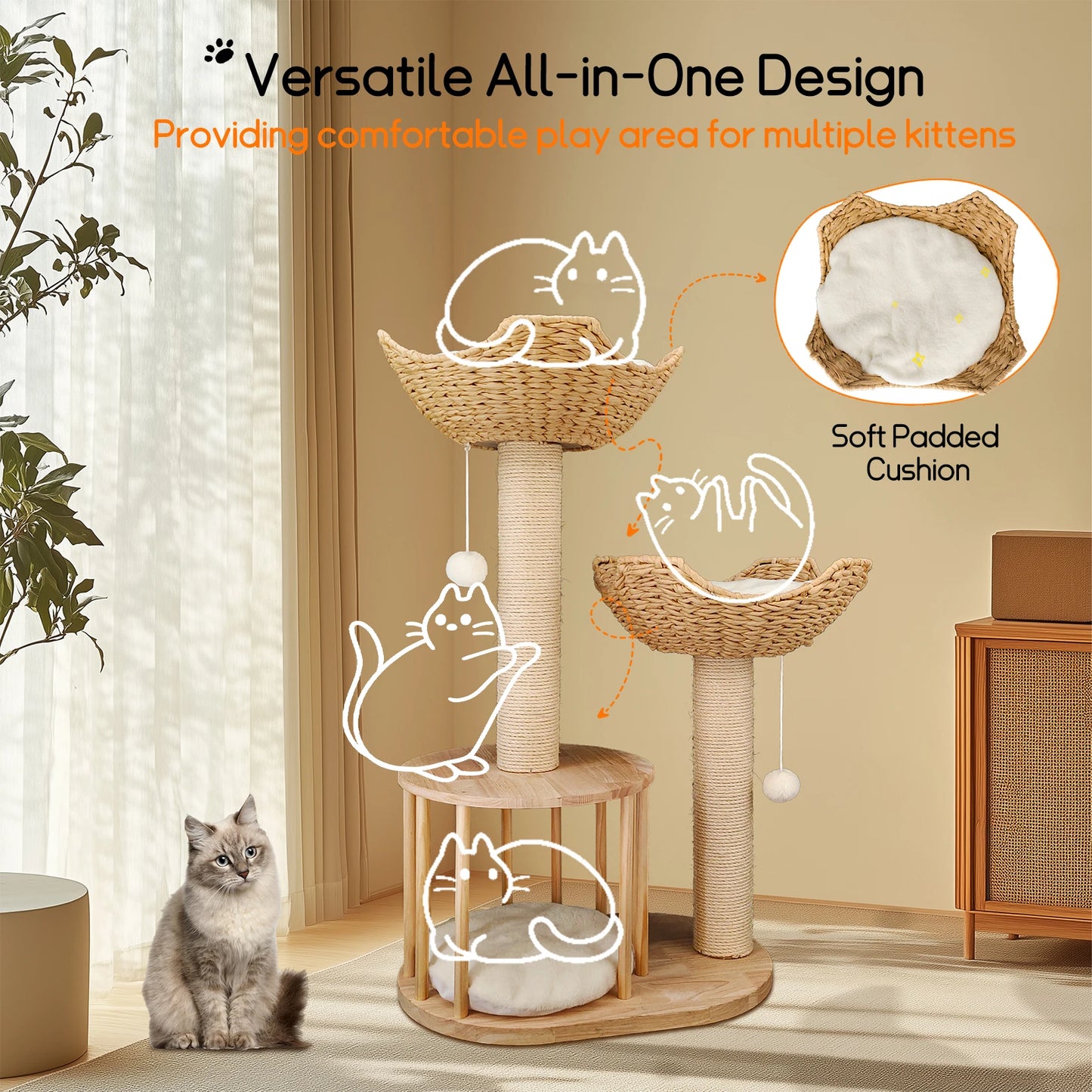3-Tier Cat Tree Padded Plush Napping Perches Kitten Condo Sisal Rope Scratching Posts and Hanging Toy Tower for Indoor Kitties