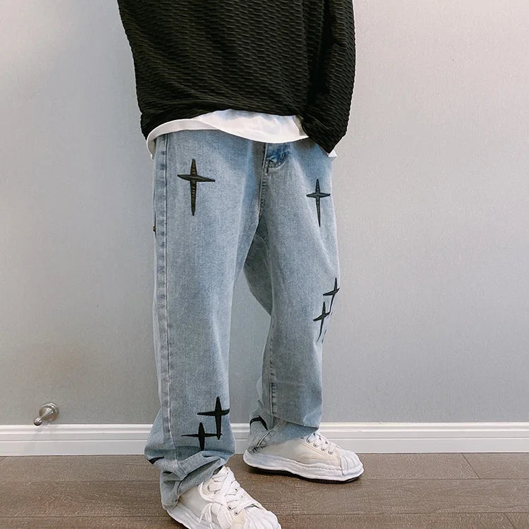 Mens Baggy Wide Leg Denim Cargo Pants Straight Fit