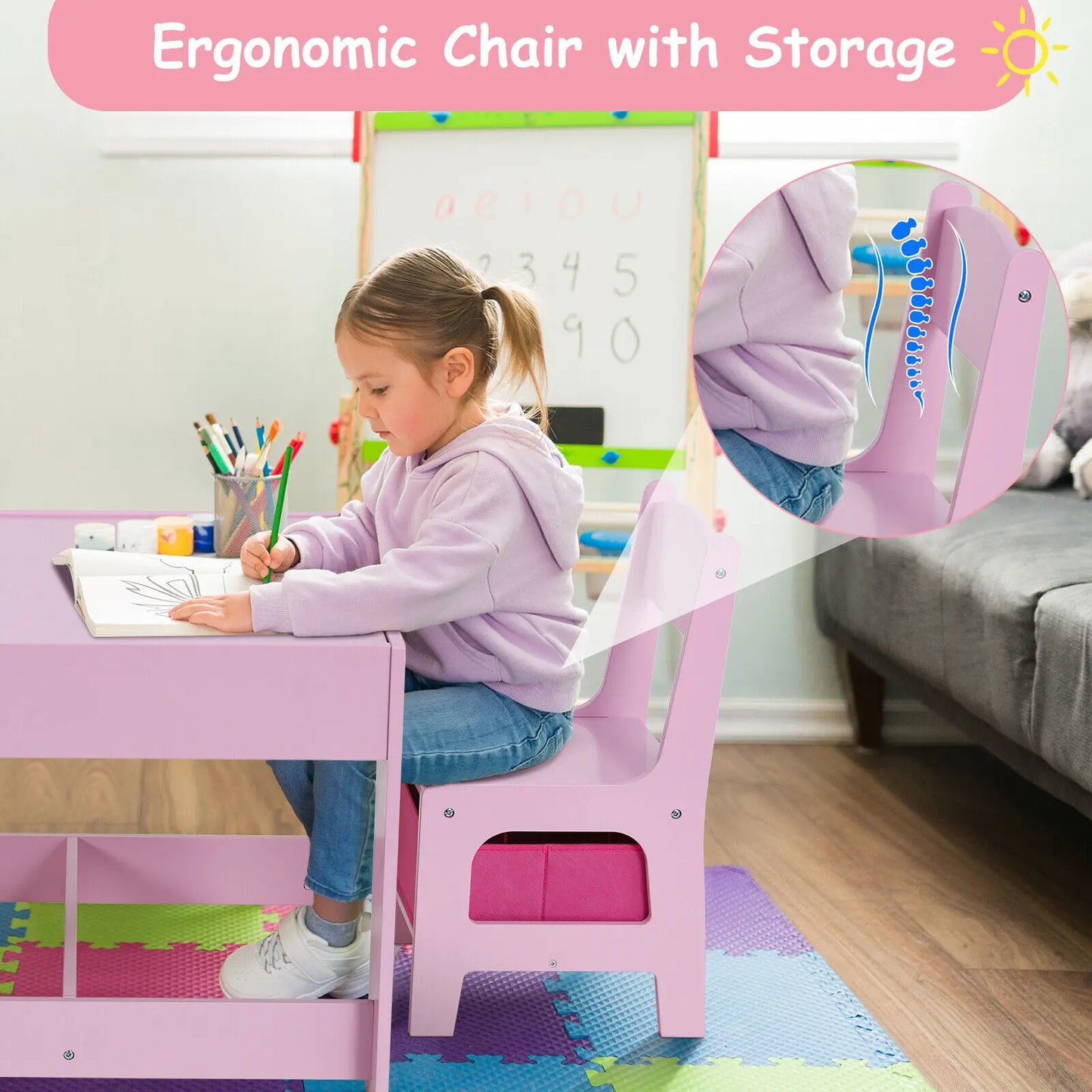 Kids Table and 2 Chairs Set W/ Storage Drawer Wooden Activity Table For Toddlers Detachable for Children Drawing Reading