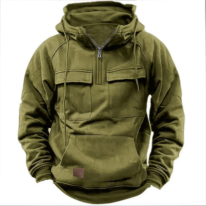 Men's Hooded Zip Up Hoodie Solid Color Autumn Winter Multiple Pockets