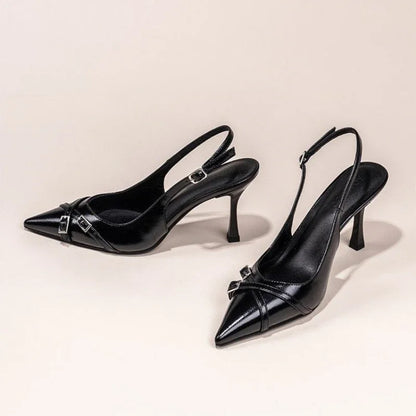 Women Black Pointed Toe Stiletto High Heel Shoes Back Strap Buckle Decor
