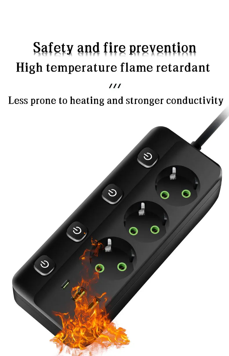 EU Plug Electrical Socket with 3/5 AC Outlets 2 USB Ports + 1 Type C 6/8-in-1 Plug Socket Adapter 2M Power Strip for Home Office