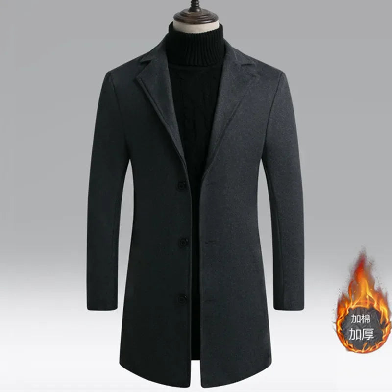 Men Winter Trench Coats Long Jackets Men Slim Fit Casual Wool Blends Business Casual Trench Thicker Warm Long Coats Size 5XL