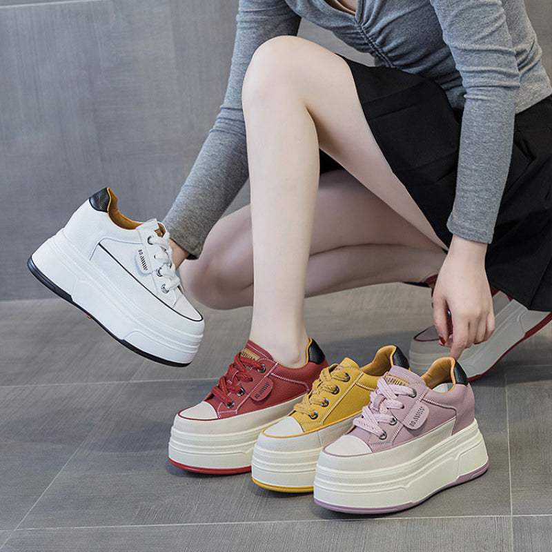 Fujin 9cm 3 inch comfortable platform sneakers for women Genuine Leather Women Vulcanized Shoes Platform High Heels Casual Shoes