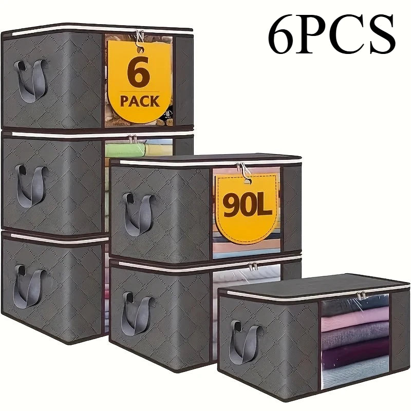 6pcs 23.78 gallon oversized storage bag with zipper and lid - Foldable and durable clothing organizing bag suitable for bedding
