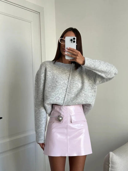 Womens O-Neck Knit Sweater Oversized Pullover Acrylic