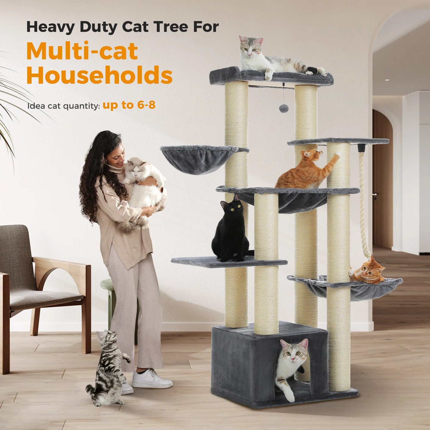 Multi-Level Cat Tree with Scratching Posts, Cozy Condo, Super Large Perch, Deep Hammocks, Tall Cat Tower for Indoor Adult Cats