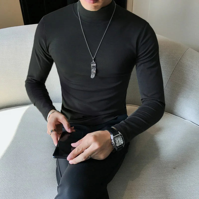 Spring New Men's Turtleneck T-shirt Long Sleeve Slim Fit Solid Color High Elastic Bottoming Pullovers Basic Style Male Tops