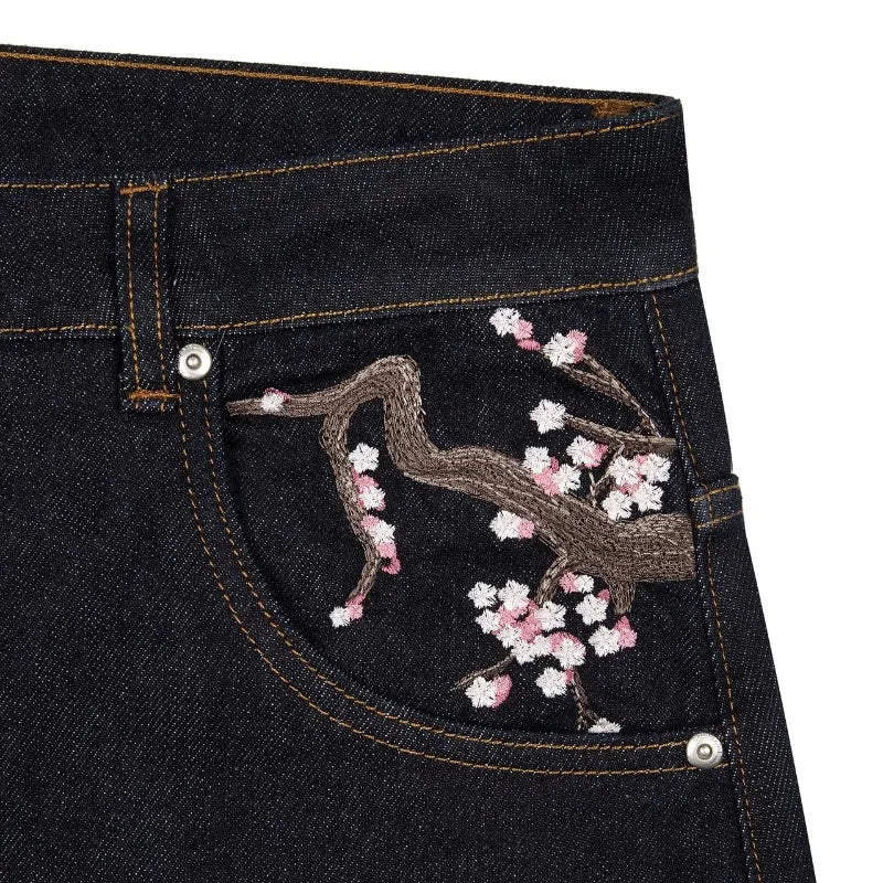 Unisex Denim Jeans With Plum Blossom Embroidery Wide Leg