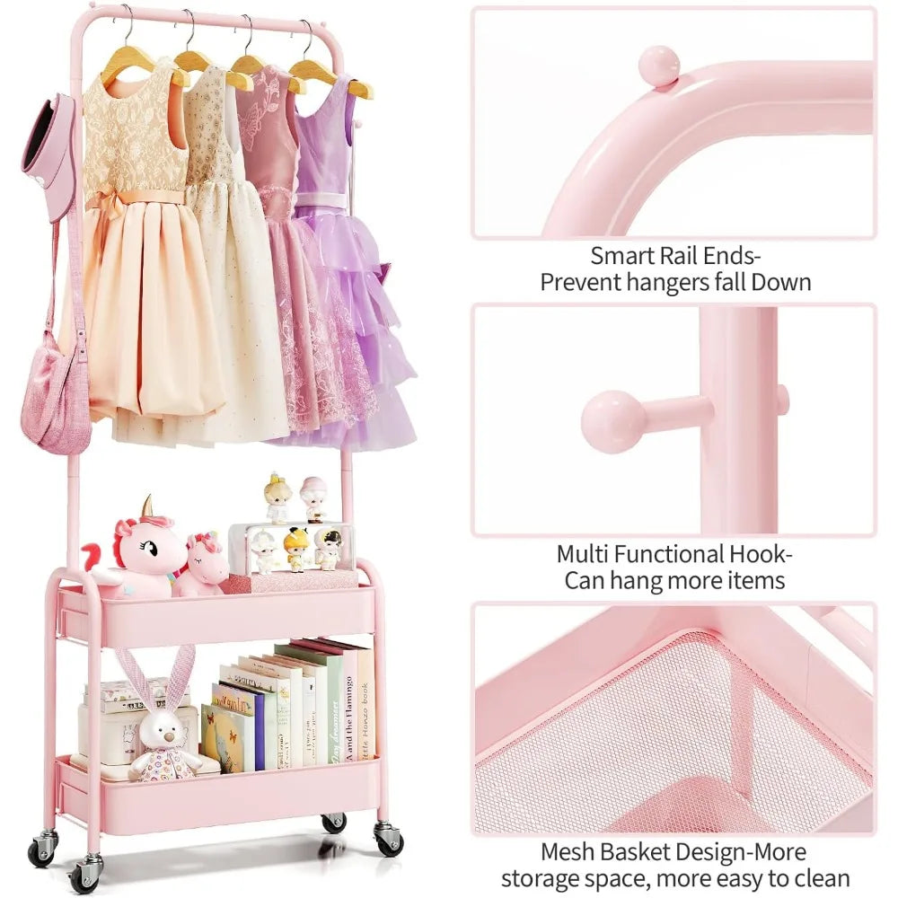 Kids Rolling Clothes Rack with Wheels and Baskets, Pink Storage Organizer for Children's Bedroom